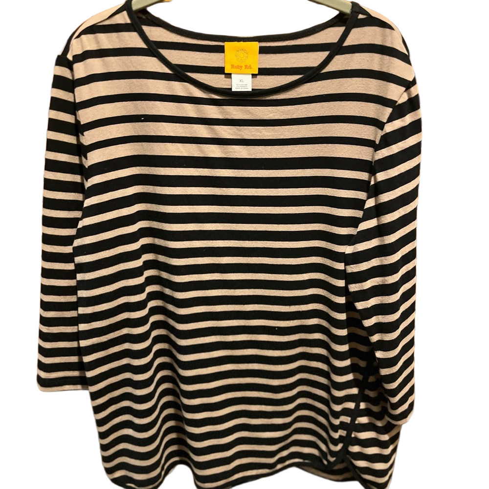Ruby Rd. Black and Beige Striped Long Sleeve Top XL